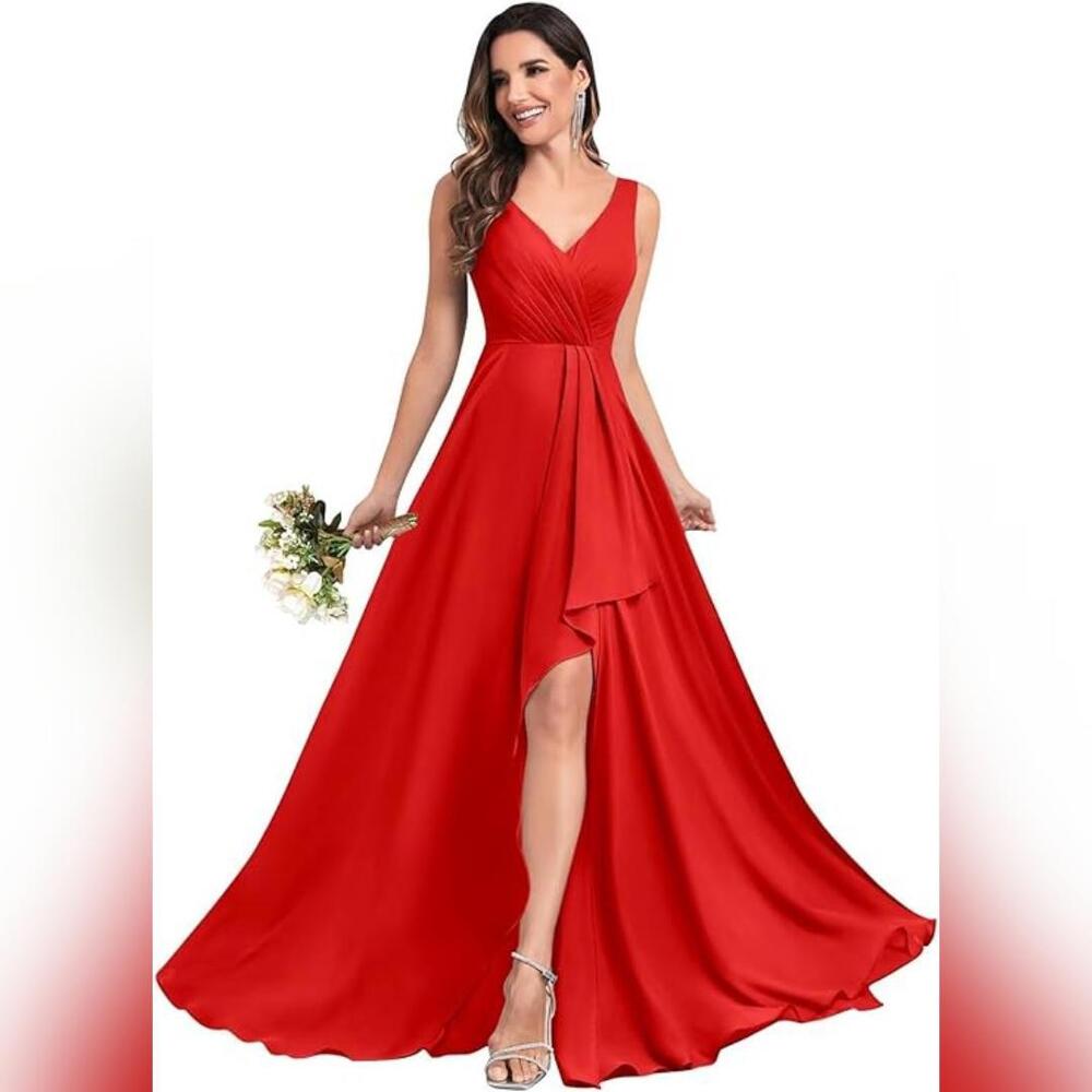 NWOT POMUYOO V Neck with Slit Long Ruffle Formal Dress, 10